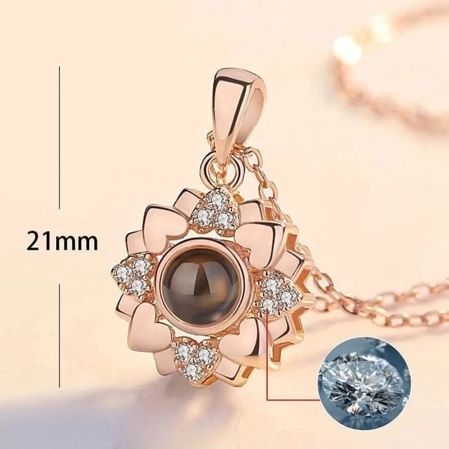 Kişiye Özel Çiçek Şeklinde Projeksiyon Fotoğraflı Kolye Altın Pembesi